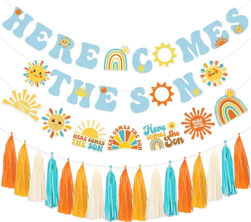 Banner azul para baby shower con borla de guirnalda de texto en inglés «Here Comes The Son», decoración de baby shower boho retro para fiesta de
