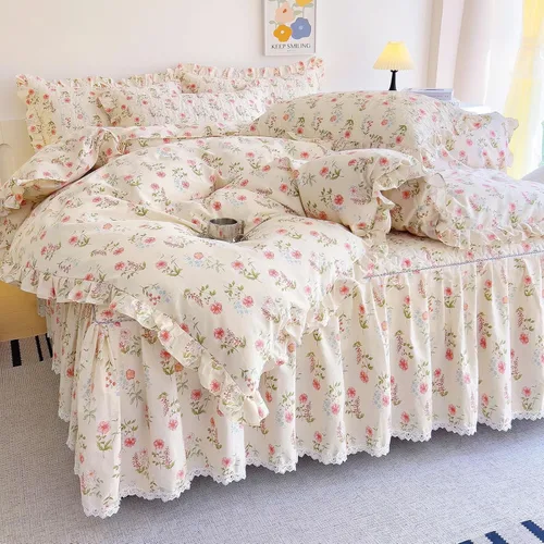 Vista 6 de EAVD Funda de edredón de flores rosas estilo jardín francés con volantes Queen de algodón suave elegante shabby chic juego de ropa de cama floral