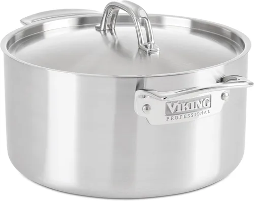 Viking Olla de acero inoxidable de 5 capas, olla de cocina de sopa de 6 cuartos de galón con tapa, utensilios de cocina, acabado satinado