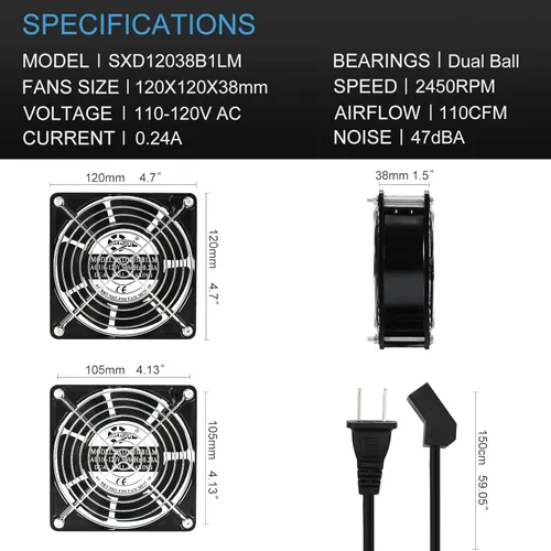 Vista 6 de Ventilador de refrigeración axial de 4.7 in, CA 115 V 120 V 4.724 in x 1.496 in de alta velocidad CFM con cable de alimentación de interruptor