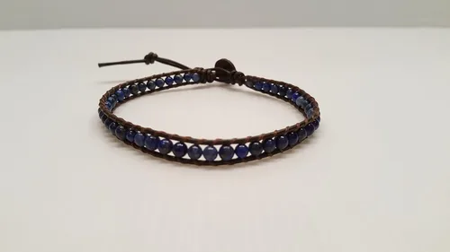 Vista 3 de Infinityee888 - Tobillera moderna con cuentas de lapislázuli de 10 pulgadas, tejida con cordón de cuero, hermoso estilo bohemio hippie hecho a mano