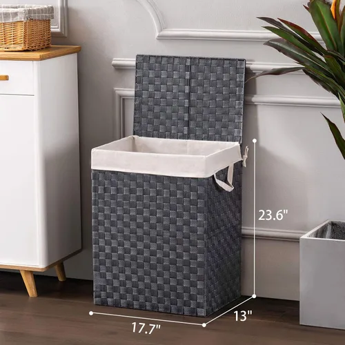 Vista 2 de YOUDENOVA Cesta de lavandería tejida a mano con bolsa extraíble y tapa, cesta de ropa plegable con asa, color gris