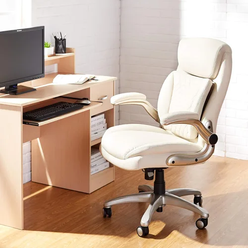 Vista 2 de Amazon Basics Silla ergonómica de escritorio ejecutiva con soporte lumbar, reposabrazos abatibles, altura ajustable, cuero crema