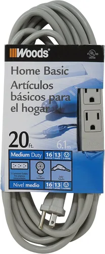 Woods Cable de extensión ligero, 20 pies, calibre 16, 3 conductores, cable de 3 salidas, SJTW, gris, 2867