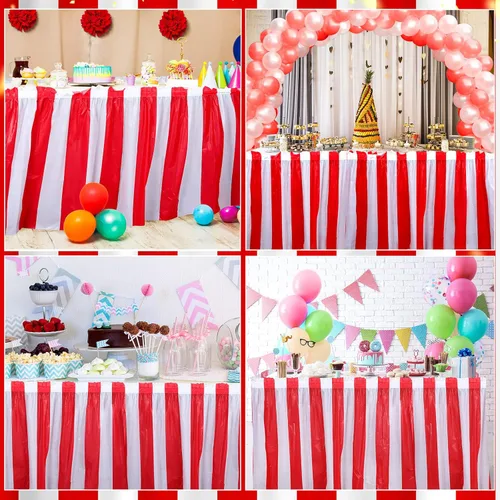 Vista 5 de 18 faldas de mesa a rayas rojas y blancas, desechables, decoraciones de mesa de carnaval, decoraciones de fiesta de circo para carnaval, circo