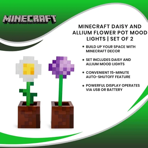 Vista 7 de Minecraft Daisy and Allium Flower Pot - Juego de 2 lámparas de mesa de noche con luz LED para dormitorio, escritorio, sala de estar, decoración