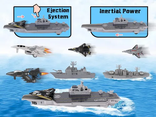 Vista 2 de Crelloci Portaaviones Barco Naval Militar con Avión de Combate del Ejército de Retroceso Juguete Modelo a Pequeña Escala Avión Submarino Conjunto