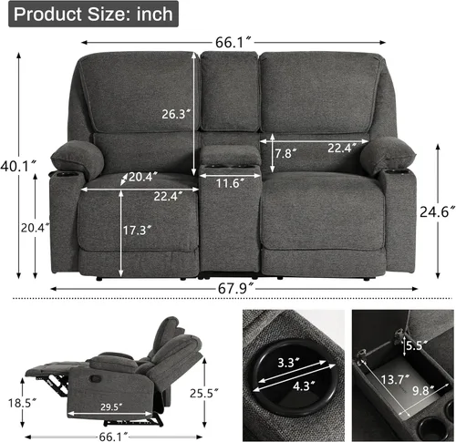 Vista 15 de KIGOTY Juego de 2 muebles de sala de estar, el juego de sofá reclinable incluye sofá reclinable reclinable y silla reclinable de masaje, juego