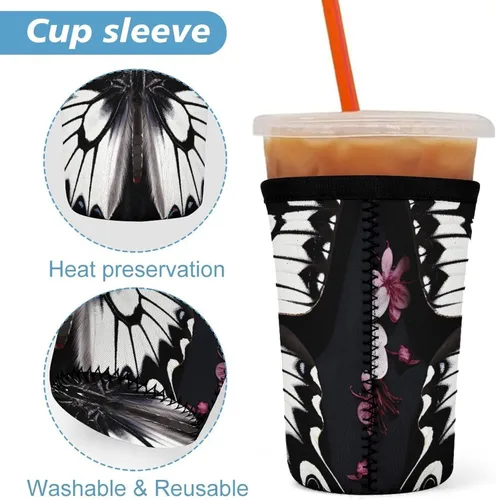 Vista 3 de Black White Butterfly Reusable Insulated Neoprene Iced Coffee Cup Sleeves 3 Sizes Diving Material Cup Durable Beverage Covers for Cold Coffee Tea