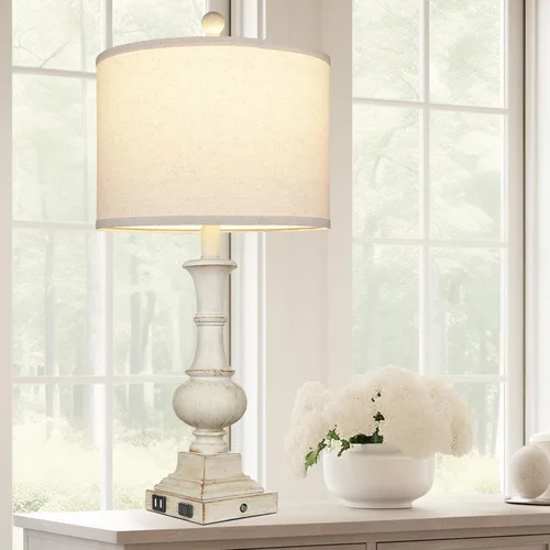 Vista 8 de 26" Farmhouse Table Lamp, Vintage Rustic Touch Control Bedside Lamp with 2 USB Ports & AC Outlet, Boho Resin 3-Way Dimmable Nightstand Lamp Linen