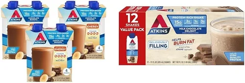 Atkins Batido de proteína de chocolate y plátano, 0.55 onzas de proteína y batido de proteína de chocolate con leche, 0.55 onzas de proteína, bajo
