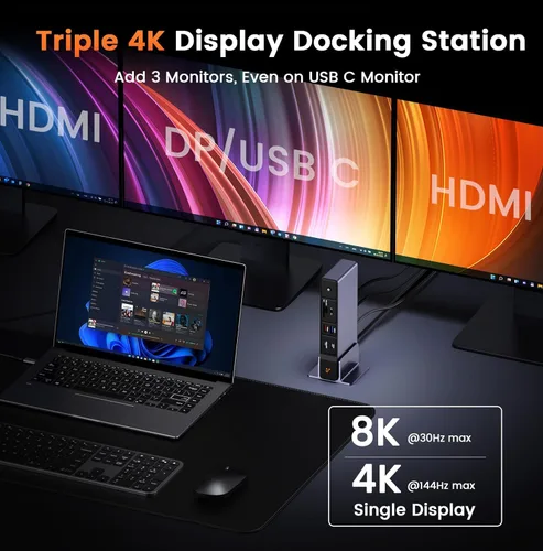 Vista 2 de TobenONE Estación de acoplamiento USB C 3 monitores, pantalla triple 4K 18 en 1, adaptador de corriente de 150 W con carga rápida de 20 W, 8 puertos