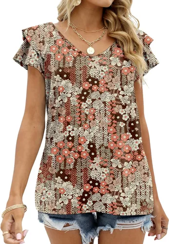 Vista 4 de OFEEFAN - Camisetas de verano para mujer, blusa informal de manga corta con volantes, cuello en V, ajuste holgado