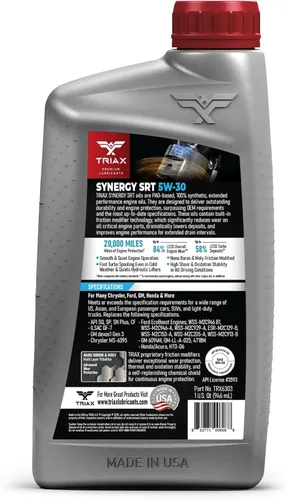 Vista 2 de TRIAX Synergy SRT 5W-30 Aceite de motor PAO-éster completamente sintético, drenaje de 12.4 mi, modificación por fricción moly/boro, licencia API SP