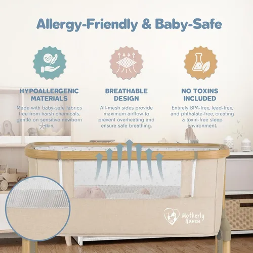 Vista 3 de Motherly Haven Moisés para bebé, cuna portátil para recién nacidos, bloqueo automático ajustable de 7 alturas, con ruedas, colchón suave y malla