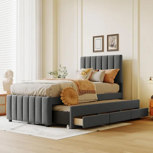 Vista 9 de SOFTSEA Cama de plataforma tapizada tamaño Queen con cajón de almacenamiento, marco de cama tapizado con cabecera con respaldo de alas, soporte