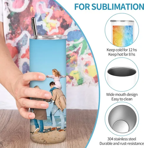 Vista 3 de D·S Paquete de 25 vasos de sublimación de 20 onzas de acero inoxidable delgado aislado recto para sublimación en blanco con pajilla, tapa, cepillo