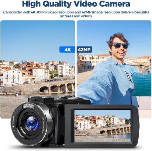 Vista 2 de Videocámara Camcorder 4K 42MP, pantalla de 3.0" con rotación de 270°, cámara de vlogging para YouTube, videocámaras con zoom digital de 18X, 2