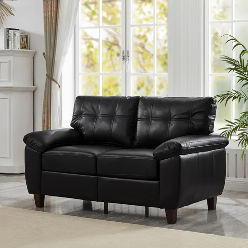 Sofá biplaza de 59 pulgadas con almacenamiento, de piel sintética negra de mediados de siglo, moderno sofá Chesterfield con brazos anchos, cómodo