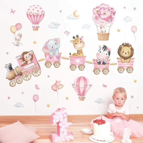 Vista 4 de decalmile Calcomanías de pared de tren de animales rosados, elefante, león, globo aerostático, calcomanías de pared para dormitorio de niñas