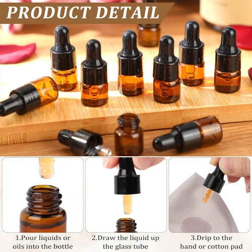Vista 3 de Nuogo 100 mini botellas de vidrio ámbar con cuentagotas de aceite a granel, transparente esencial, pequeño frasco de muestra vacío con cuentagotas