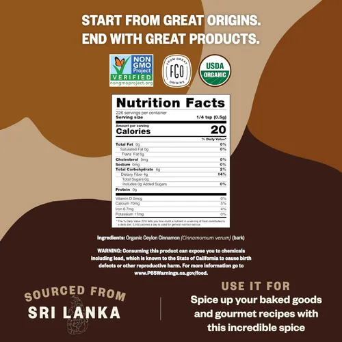 Vista 2 de FGO Canela en polvo orgánica de Ceilán, 100% cruda de Sri Lanka, 16 onzas, el embalaje puede variar (paquete de 1)