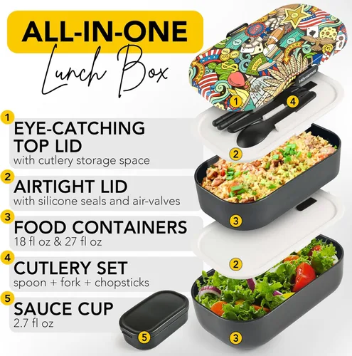 Vista 53 de Lonchera Bento apilable aislada para adultos con palillos reutilizables, lonchera japonesa apta para microondas y a prueba de fugas, para hombres