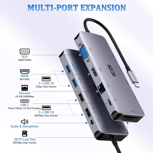 Vista 2 de ICZI Adaptador multipuerto USB C Hub 11 en 1 con 1 puerto HDMI/VGA/Ethernet, lector de tarjetas SD/TF, 4 puertos USB, conector de audio 3.5 y carga