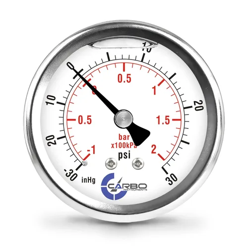 Vista 25 de Carbo Compound Pressure Gauge -30 inHg to 15 PSI, NIST Traceable, USA Lab Calibrated, 2.5" Dial, 1/4 NPT Back Mount, ASME Grade A, 304 SS Case