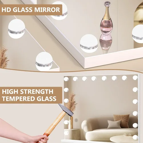 Vista 7 de Fenair Espejo de tocador grande con luces y altavoz, espejo de maquillaje iluminado Hollywood con base resistente, 18 bombillas LED regulables, 3