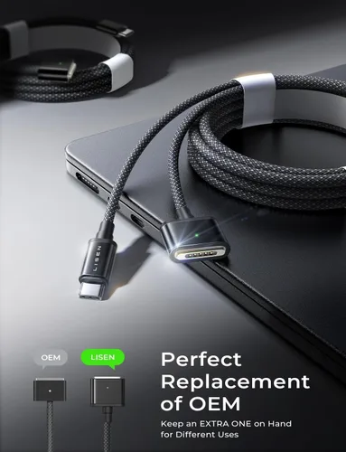 Vista 8 de LISEN Cable USB-C a magnético 3 en 1 (1m/Negro) para cargador M4 de MacBook Air Pro, cable magnético seguro 3 en 1 de 140W para MacBook Air