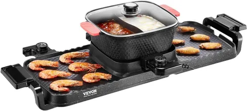 Vista 14 de VEVOR Olla Caliente con Parrilla, Parrilla Eléctrica Sin Humo de 1800W 2 en 1 y Olla Caliente, Parrilla Coreana BBQ Shabu Shabu con Control