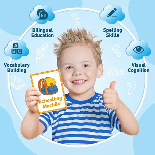 Vista 5 de Edulok Tarjetas flash bilingües: español a inglés, primeras palabras y tarjetas flash del alfabeto para niños pequeños que aprenden español e inglés