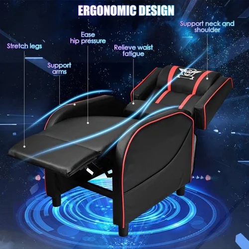 Vista 6 de BUSHLY - Silla reclinable ajustable para juegos, sofá individual de masaje estilo carreras con reposacabezas y almohada lumbar, sillón reclinable
