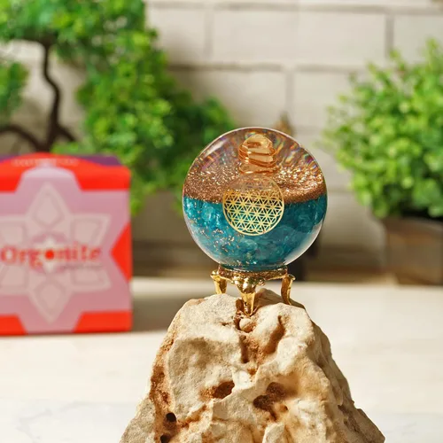 Vista 9 de Orgonite Crystal Bola de cristal azul aguamarina con soporte para energía positiva, equilibrio de chakras, con símbolo de flor de la vida