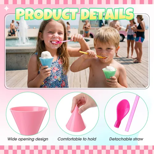 Vista 3 de FoldTier 20 tazas reutilizables de cono de nieve de 6 onzas con 20 cucharas de plástico multicolor de 9.3 pulgadas, suministros de hielo afeitado a