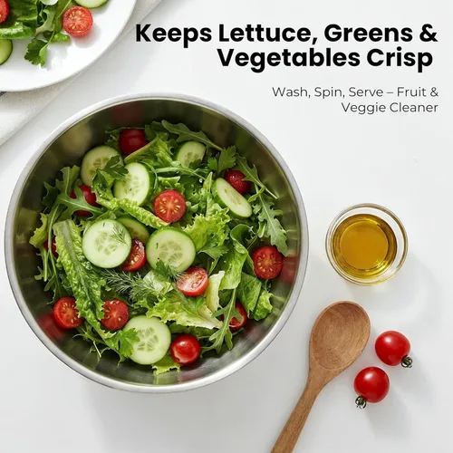 Vista 5 de Ensaladera de acero inoxidable grande – Cuenco de lavado de frutas y verduras con colador – Molinillo de lechuga, limpiador de frutas, secadora