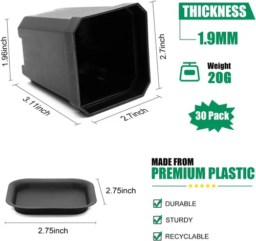 Vista 2 de foxany Maceta de vivero de 3 pulgadas, 30 macetas de plástico grueso, macetas cuadradas para plantar, macetas de plántulas, macetas de inicio