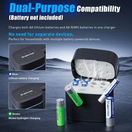 Vista 6 de Maxfree - Paquete de 8 baterías de litio recargables AA con cargador de doble propósito Negro