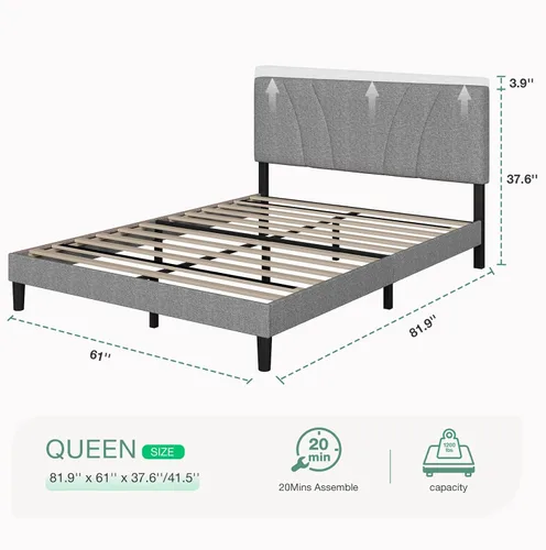 Vista 105 de Novilla Base de cama de plataforma tamaño Queen con cabecera ajustable tapizada, marco de cama Queen, no necesita somier, sin ruido, fácil montaje