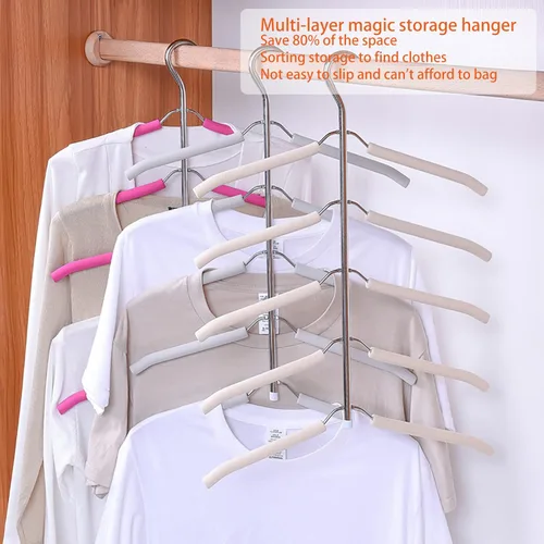 Vista 2 de Perchas de ropa multicapa para blusas, árboles, paquete de 3 perchas 5 en 1 antideslizantes para ahorrar espacio de acero inoxidable para colgar