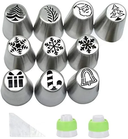 Chritsmas - Juego de 22 puntas de tubería rusas, 10 boquillas de glaseado, 10 bolsas de pastelería para hornear, 2 acopladores para glaseado