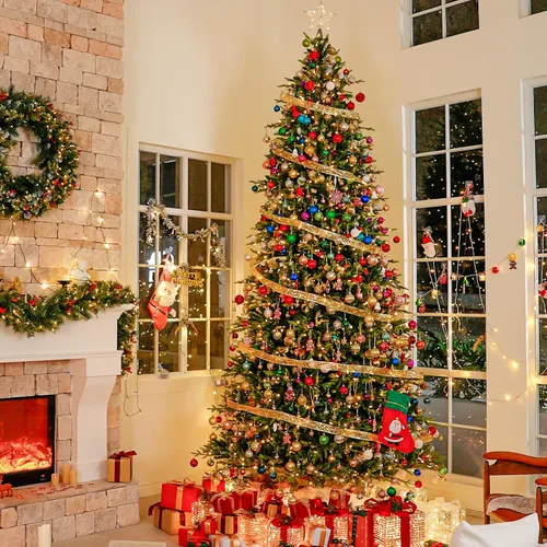 Vista 8 de Hykolity Árbol de Navidad flocado preiluminado de 7.5 pies, 450 luces LED 1592 puntas flocadas mixtas, 450 LED blanco cálido y multicolor, 10 modos