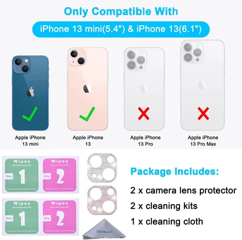Vista 2 de Wisdompro - Protector de lente de cámara brillante para iPhone 13 de 6.1 pulgadas, para iPhone 13 Mini de 5.4 pulgadas, accesorios de decoración