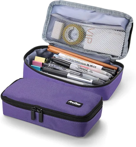 Vista 8 de ProCase Estuche para lápices, estuche de gran capacidad para estudiantes, soporte para lápices, organizador de escritorio con doble cremallera