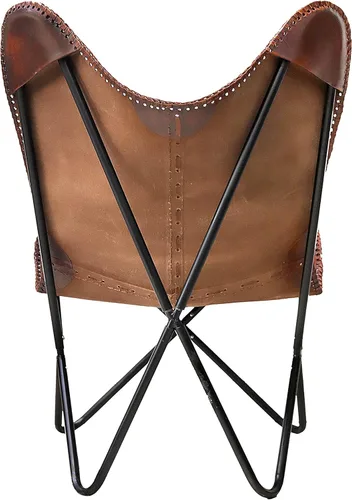 Vista 5 de cuero Elegante silla de mariposa de cuero marrón oscuro hecha a mano para sala de estar, silla lateral de cuero cosido, hecha a mano con marco