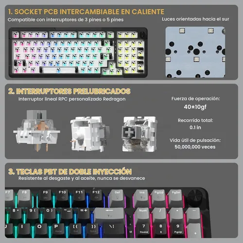 Vista 6 de Redragon K742 Teclado Mecánico Inalámbrico para Juegos con Perilla, Bluetooth 5.0/2.4GHz/USB C Teclado Cableado Cremoso con Teclado Numérico