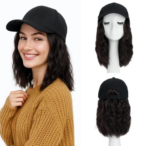 Vista 7 de SEGO Hat Wig, Hat with Hair Attached for Women Black Baseball Cap with Hair Extensions, Short Bob Baseball Cap Wig Adjustable Hats for Daily Party