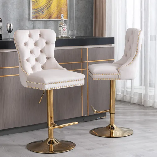 Vista 8 de Taburete de bar giratorio con respaldo copetudo, taburetes de bar ajustables en altura de mostrador, ribete de cabeza de clavo, silla de bar