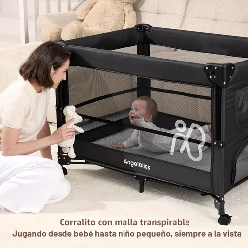 Vista 6 de Cuna para bebé ANGELBLISS, moisés junto a la cama, Pack and Play con colchón, cambiador de pañales, configuración de un solo botón, corralitos desde